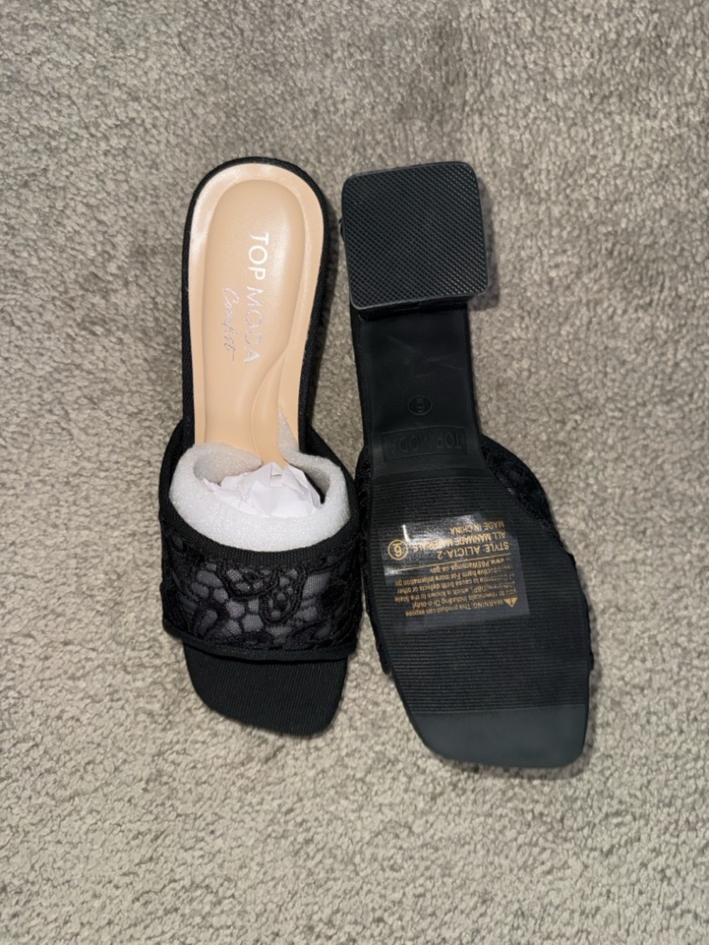 TOP Moda Black Lace Square-Toe Slide Mules